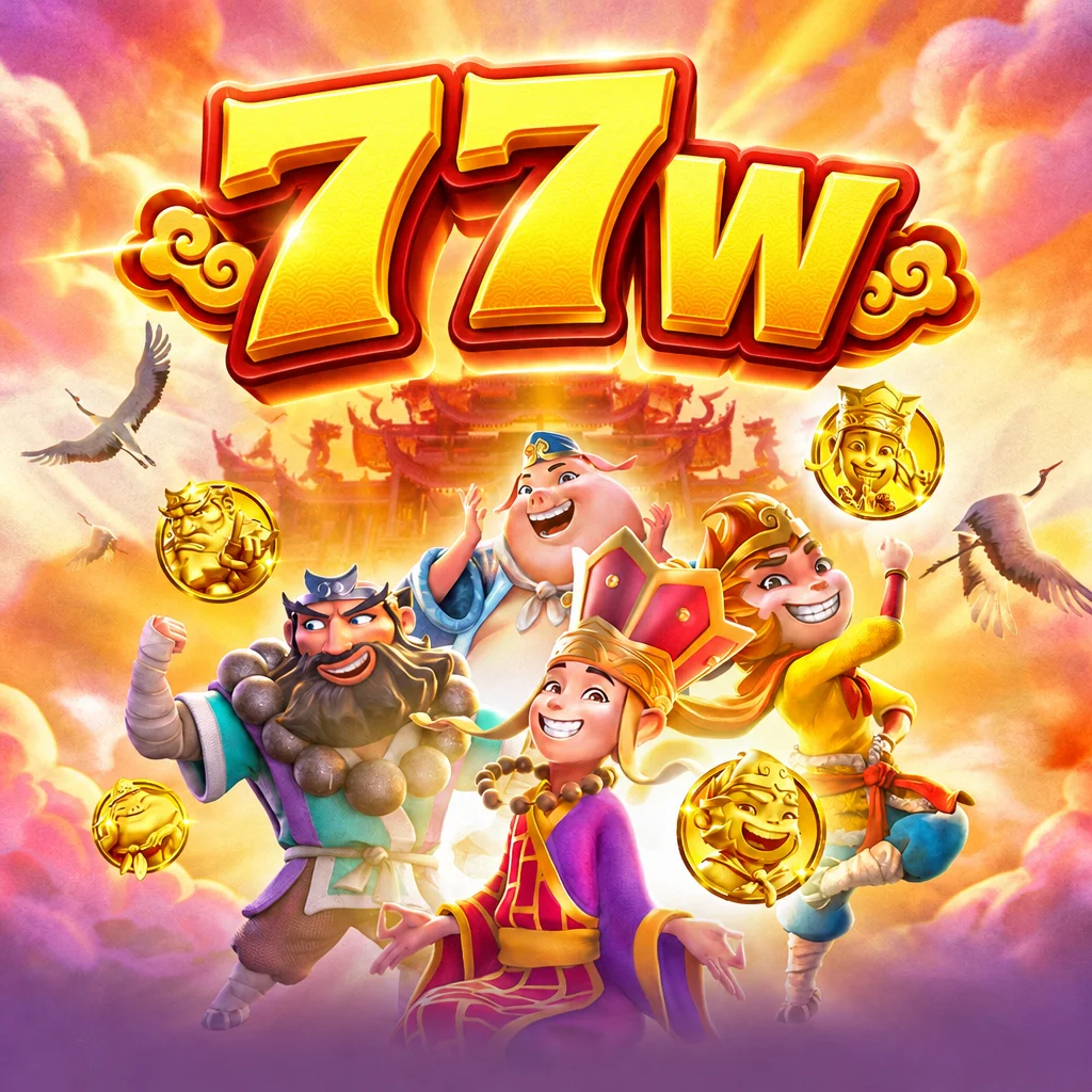 Ilustrasi karakter Journey To The Wealth dengan logo 77w