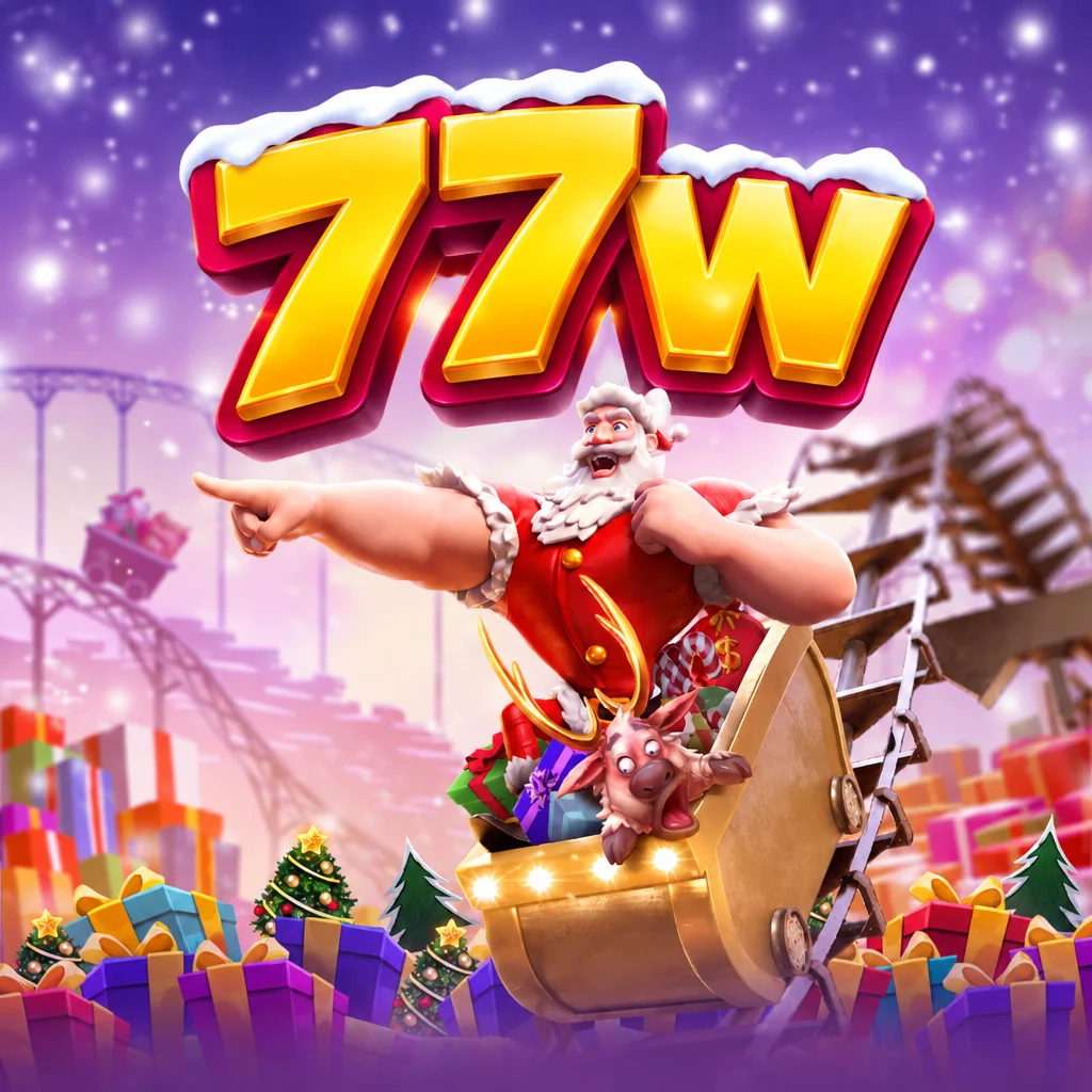 Santa di atas kereta salju bertabur hadiah bersama logo 77w